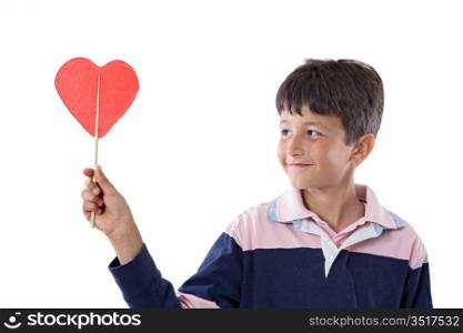 Funny child with lollipop with heart-shaped isolated on white