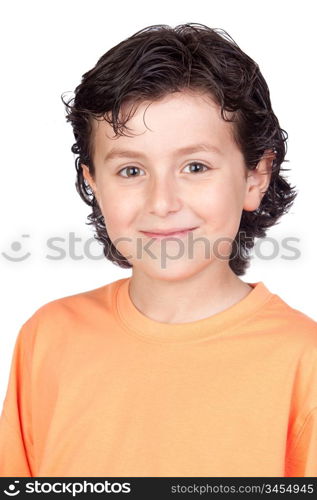 Funny child with orange t-shirt isolated on white background