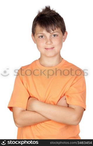 Funny child with orange t-shirt isolated on white background