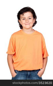 Funny child with orange t-shirt isolated on white background