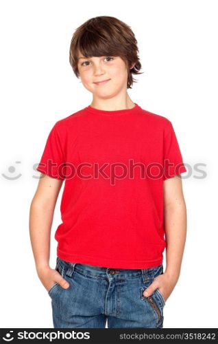 Funny child with red shirt isolated on white background