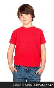 Funny child with red shirt isolated on white background