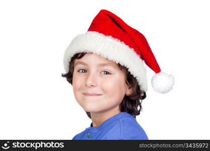Funny child with Santa hat isolated on white background