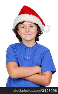 Funny child with Santa hat isolated on white background