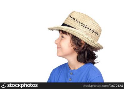 Funny child with straw hat isolated on white background