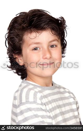 Funny child with striped sweater isolated on white background