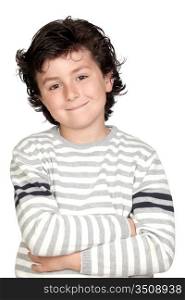 Funny child with striped sweater isolated on white background