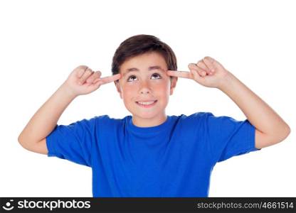 Funny child with ten years old and blue t-shirt having a good idea isolated on a white background