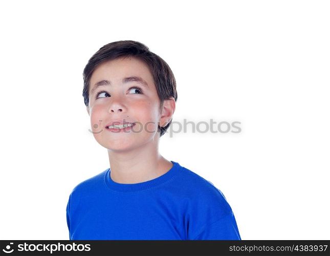 Funny child with ten years old and blue t-shirt isolated on a white background