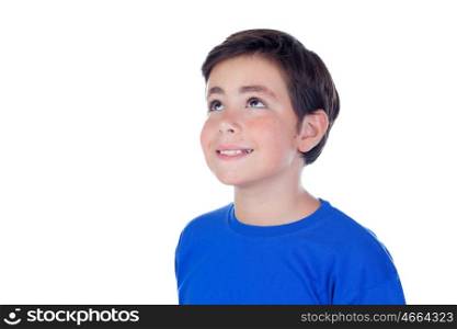 Funny child with ten years old and blue t-shirt isolated on a white background