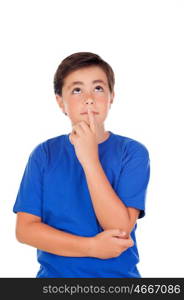 Funny child with ten years old and blue t-shirt isolated on a white background