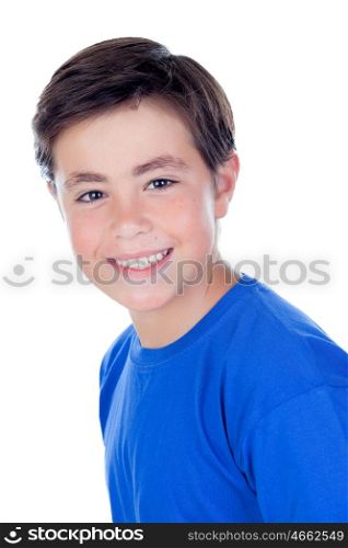 Funny child with ten years old and blue t-shirt looking at camera isolated on a white background