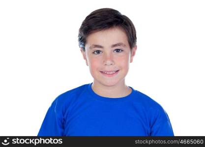 Funny child with ten years old and blue t-shirt looking at camera isolated on a white background