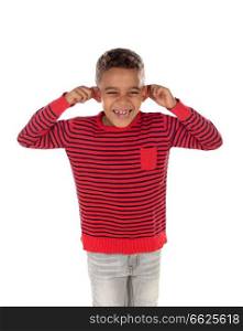 Funny child with tooth growing and making fun isolated on a white background