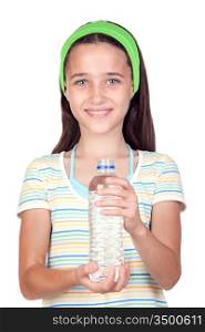 Funny child with water bottle isolated on white background