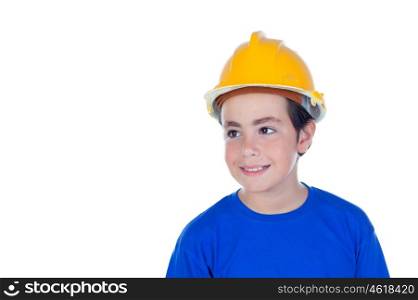 Funny child with yellow helmet. A future architect isolated on a white background