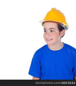 Funny child with yellow helmet. A future architect isolated on a white background