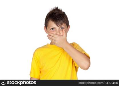 Funny child with yellow t-shirt covering the mouth isolated on white background