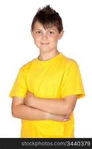 Funny child with yellow t-shirt isolated on white background