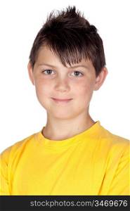 Funny child with yellow t-shirt isolated on white background