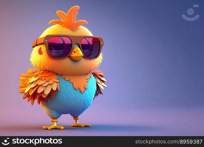 Funny childish bird wearing sunglasses on a light color background. Generative AI