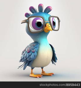 Funny childish blue bird wearing sunglasses on a color background. Generative AI
