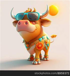 Funny childish bull wearing sunglasses on a color background. Generative AI