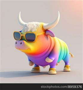 Funny childish bull wearing sunglasses on a color background. Generative AI