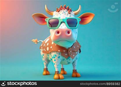 Funny childish cow wearing sunglasses on a color background. Generative AI