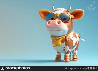 Funny childish cow wearing sunglasses on a color background. Generative AI