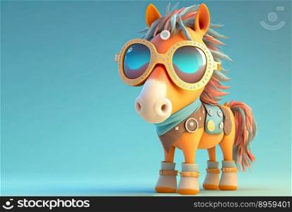 Funny childish orange horse wearing sunglasses on a blue background. Generative AI