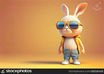 Funny childish rabbit wearing sunglasses on a orange background. Generative AI