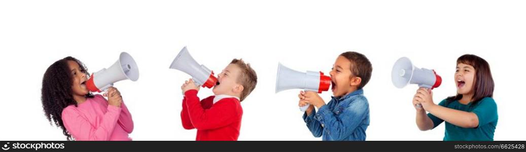 Funny children shouting through a megaphone to his friend. Isolated on white background