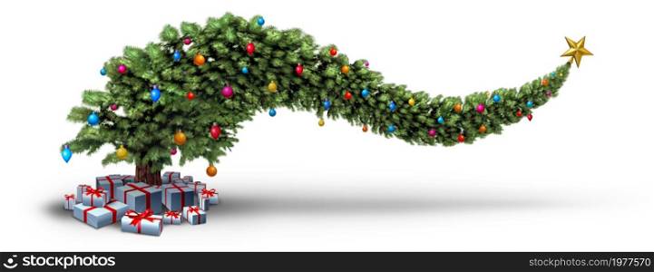 Funny Christmas tree as a swirly decorated evergreen in a horizontal design as a 3D illustration on a white background.