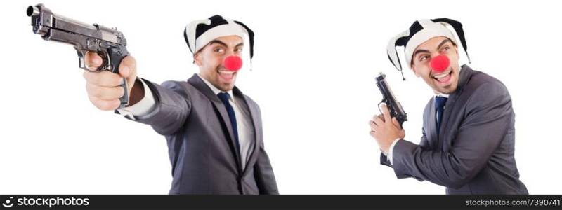 Funny clown businessman with handgun 