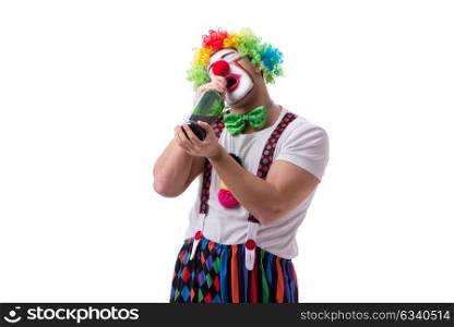 Funny clown with a bottle isolated on white background