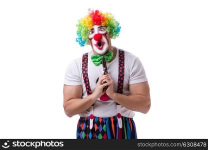 Funny clown with a gun pistol isolated on white background