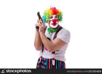 Funny clown with a gun pistol isolated on white background