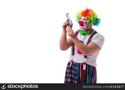 Funny clown with a gun pistol isolated on white background