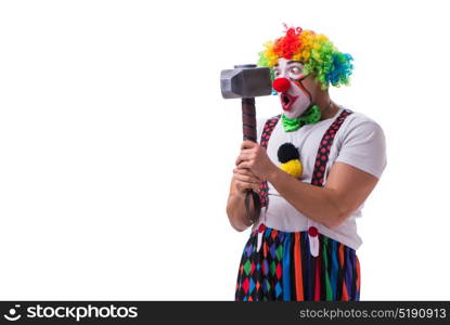 Funny clown with a hammer isolated on white background