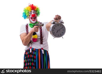 Funny clown with an alarm clock isolated on white background