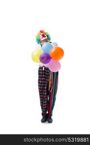 Funny clown with balloons isolated on white background