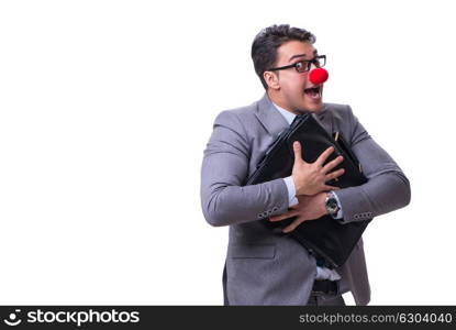 Funny clown with briefcase on white