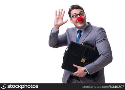 Funny clown with briefcase on white