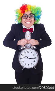 Funny clown with clock on white