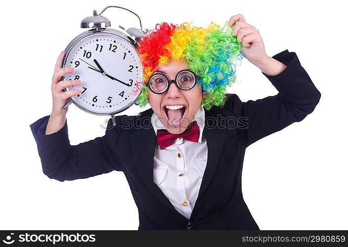 Funny clown with clock on white