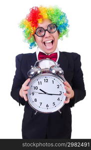 Funny clown with clock on white