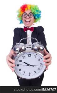 Funny clown with clock on white