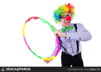 Funny clown with hula hoop on white