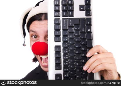 Funny clown with keyboard isolated on white